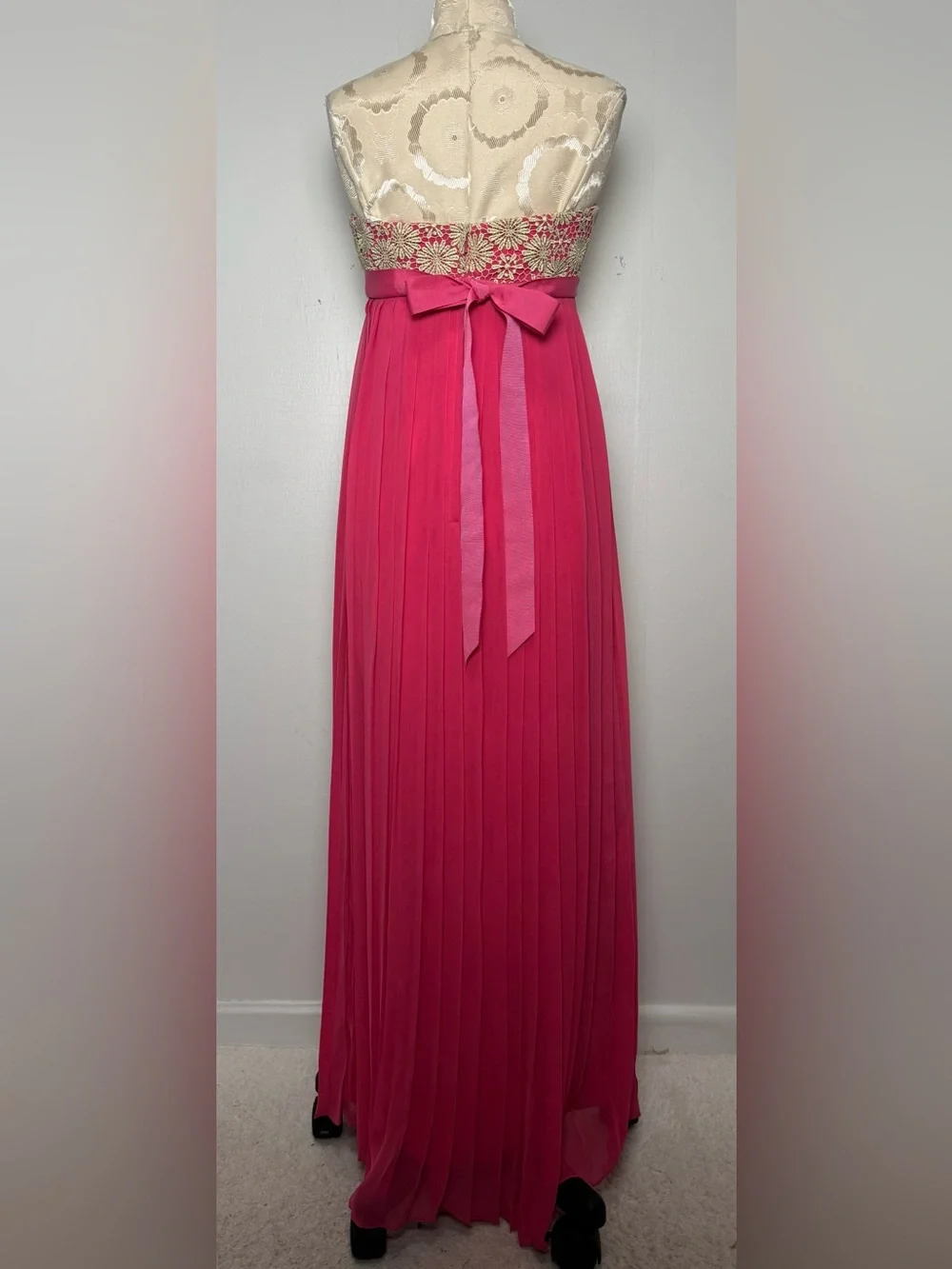 Lilly Pulitzer Pink Pleated Strapless Gold Lace Formal Gown Sz S - Picture 9 of 16
